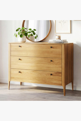 Tömör tölgyfa fiókos komód, modern lekerekített dizájn, 3 fiók